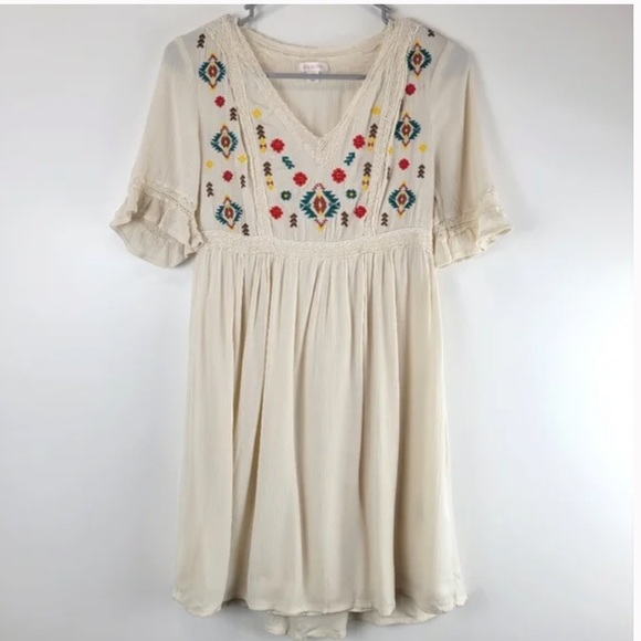 Cream Floral Embroidery Boho Dress - Picture 1 of 11